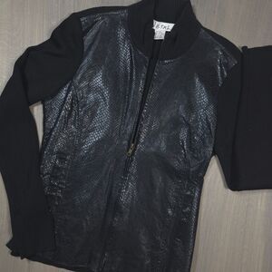 Jetal Black Snakeskin Faux Leather Mixed Media Knit Zip Jacket M
